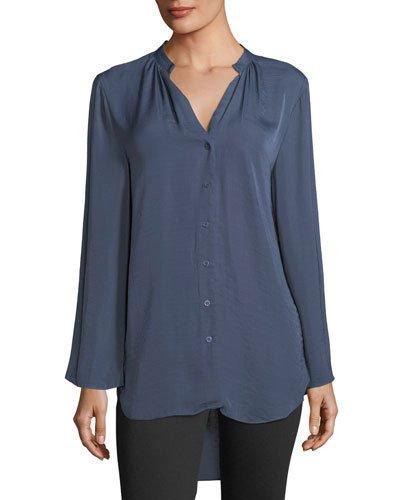 Long-sleeve Button-front High-low Blouse