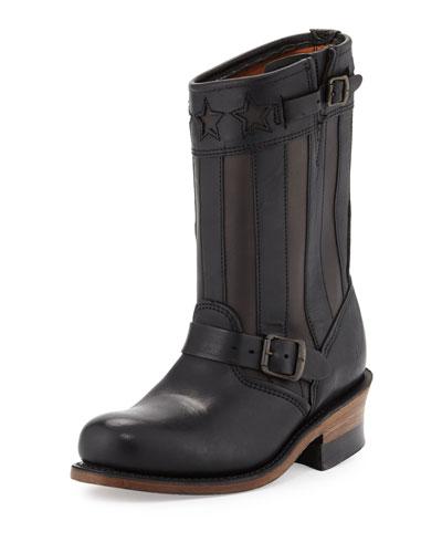 Engineer Americana Star Cutout Leather Boot, Black