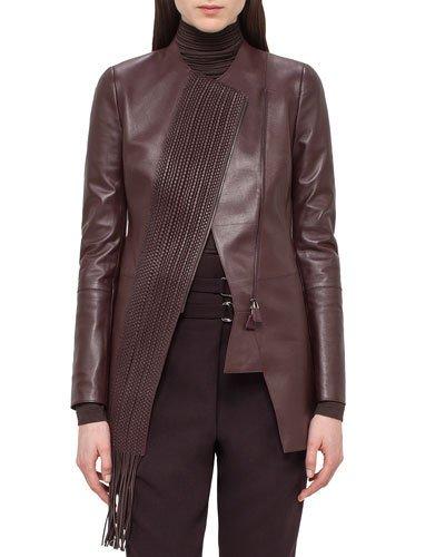 Woven-panel Leather Long Jacket, Aubergine