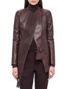 Woven-panel Leather Long Jacket, Aubergine