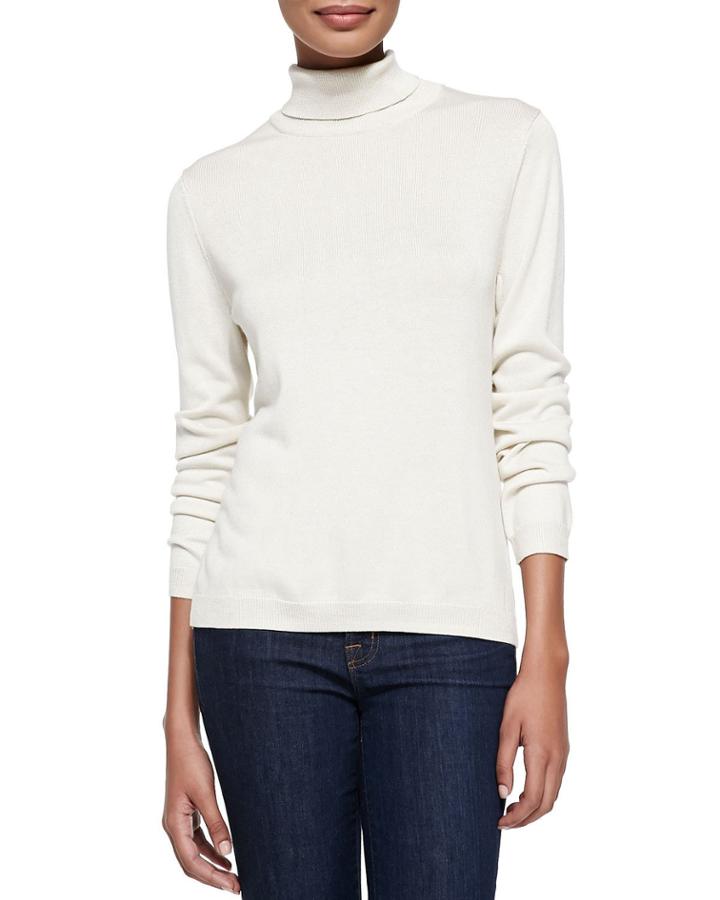 Petite Silk-cashmere Long-sleeve Turtleneck, Ivory