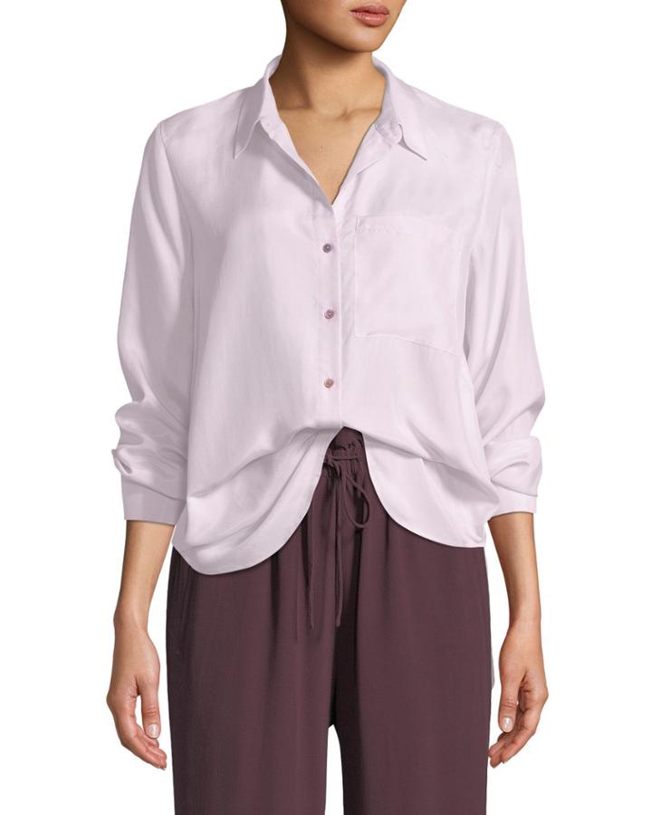 Washed Silk Habutai Long-sleeve Button-front Blouse