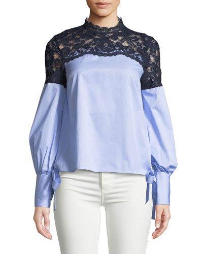 Lace-yoke Tie-cuff Blouse