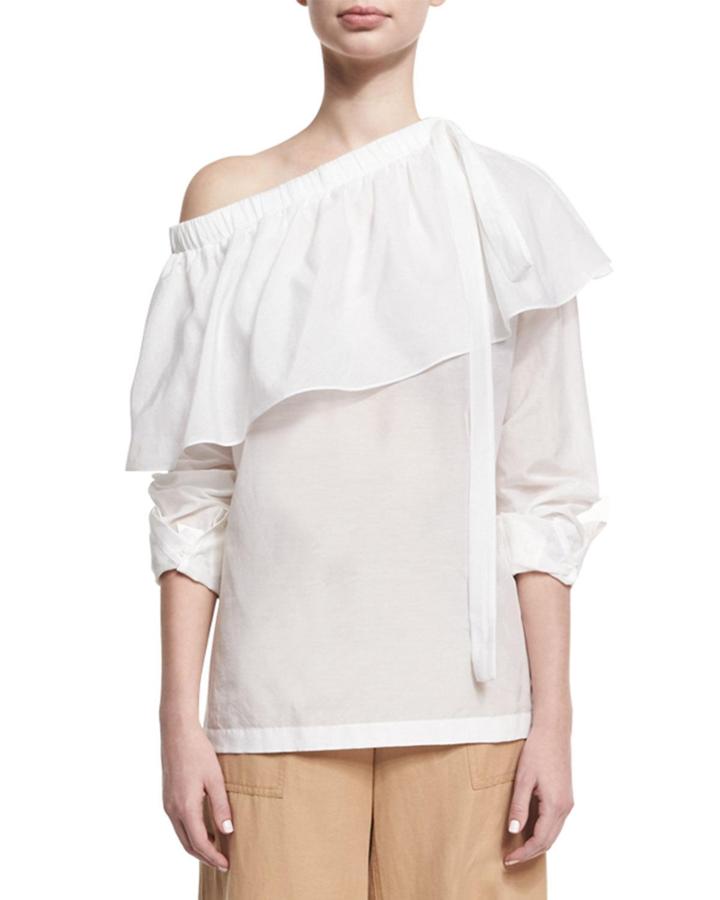 Cotton-silk One-shoulder Ruffle Top, White
