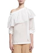 Cotton-silk One-shoulder Ruffle Top, White