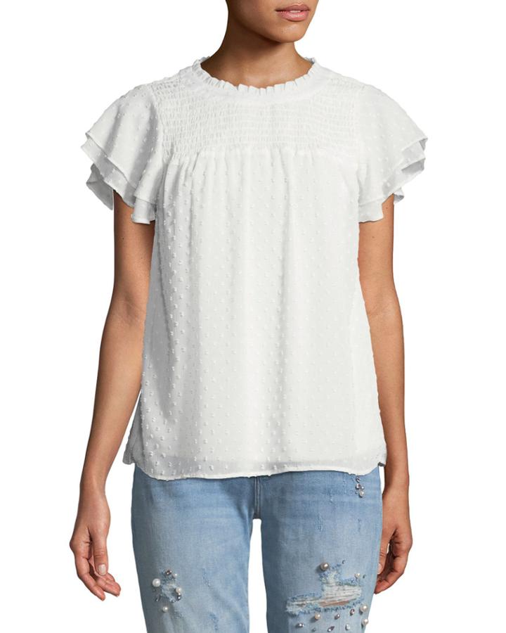 Swiss-dot Embroidered Smock-yoke Blouse