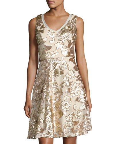 Sequined Short A-line Dress, Gold