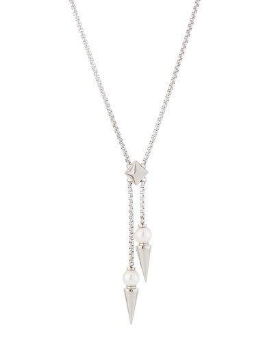 Silvertone Spiked Pearl Y-drop Necklace, White