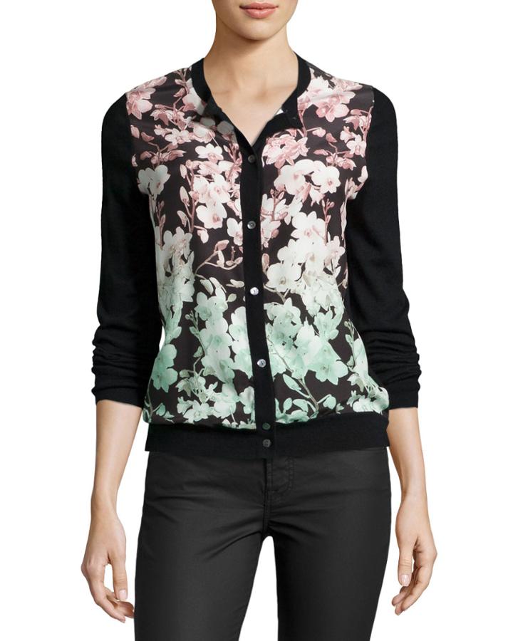 Floral Silk-front Cashmere Bomber Cardigan