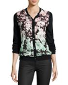 Floral Silk-front Cashmere Bomber Cardigan