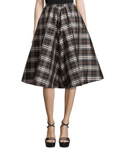 High-waist Plaid Full Skirt, Black/nutmeg
