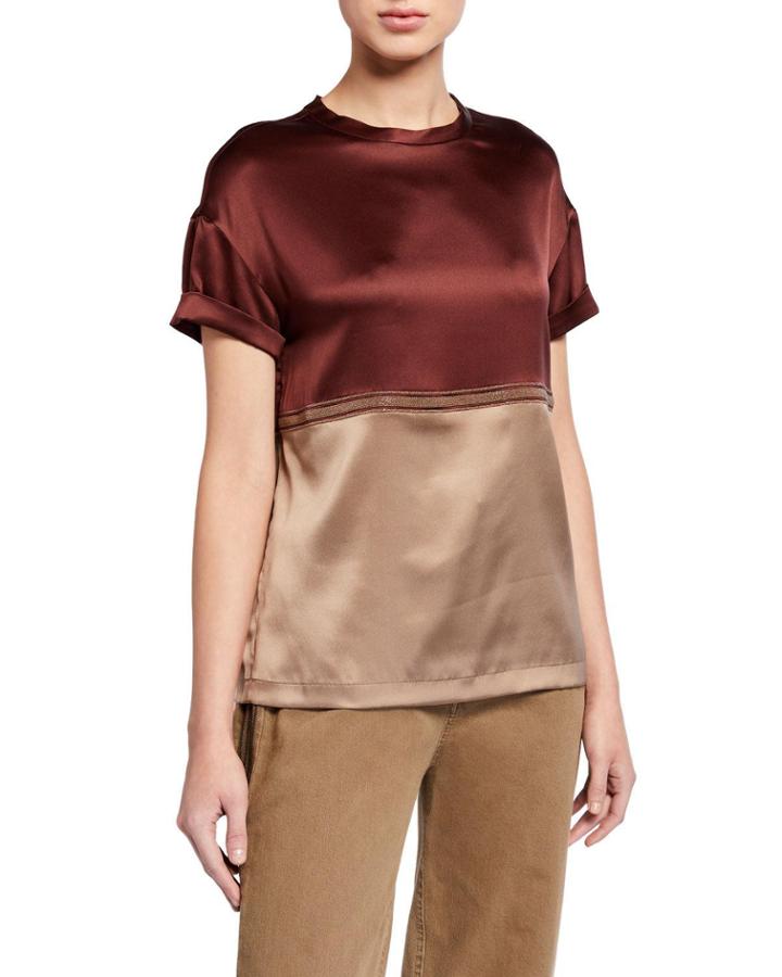 Two Tone Satin Short-sleeve Crewneck T-shirt W/