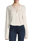 Alety Lace-up Long-sleeve Top, Ivory