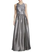 Sleeveless Jewel-neck Metallic Gown,