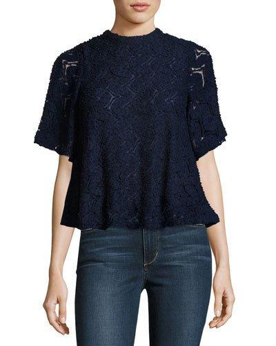 Half-sleeve Lace Cropped Top, Navy