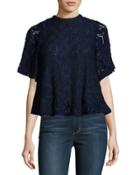 Half-sleeve Lace Cropped Top, Navy