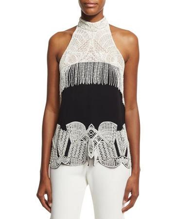 Two-tone Beaded Halter Top, Black/white