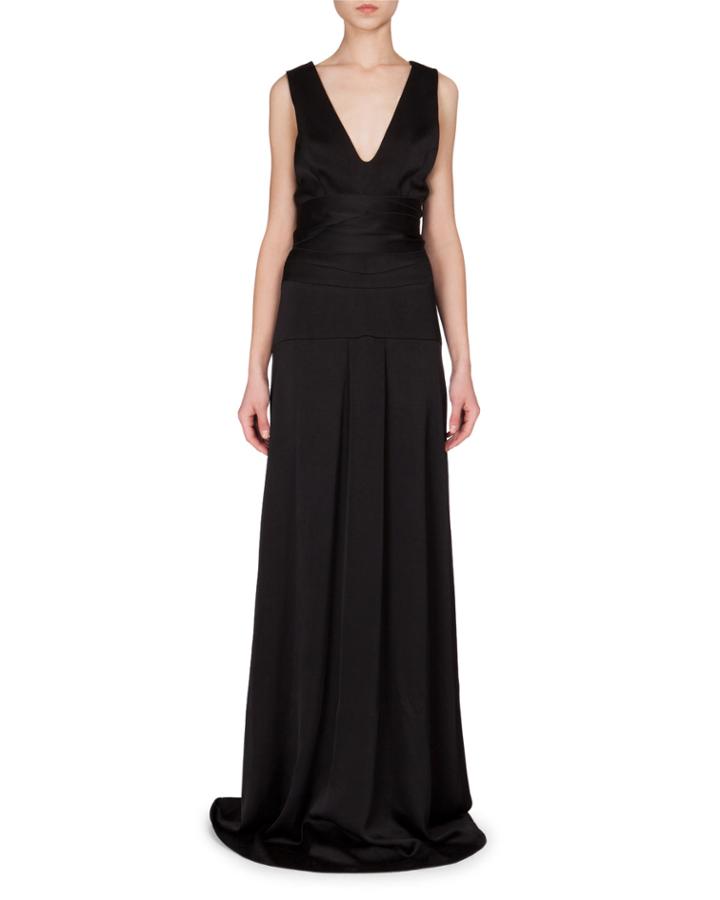 Sleeveless Seamed-waist A-line Gown, Black