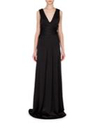 Sleeveless Seamed-waist A-line Gown, Black