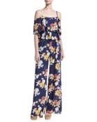 Tiered Cold-shoulder Floral-print Jumpsuit