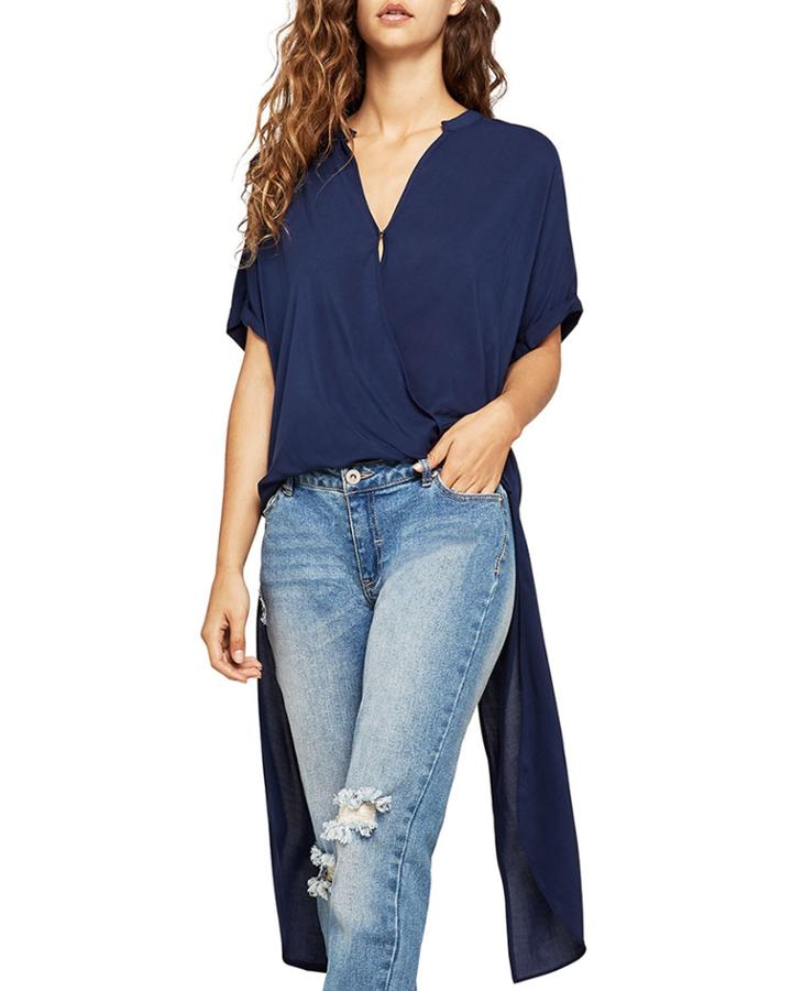 Split Back Wrap-front Short-sleeve Blouse
