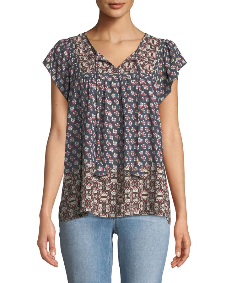Split-neck Cap-sleeve Mixed Border-print Peasant Blouse