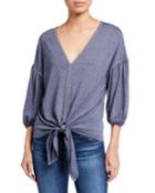 Bubble-sleeve Tie-front Knit Top