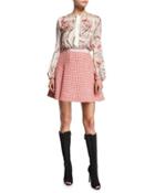 Striped Floral Long-sleeve Silk Top, Pink/multi