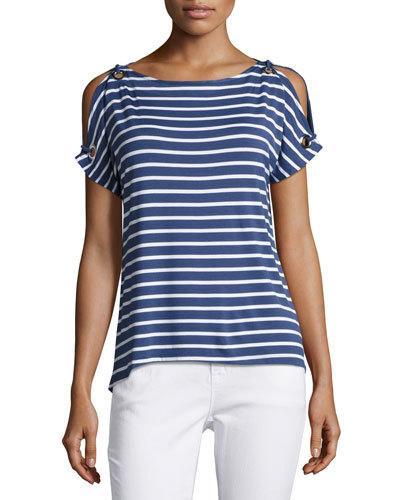Boat-neck Cold-shoulder Striped Top, Blue/white
