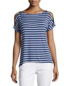 Boat-neck Cold-shoulder Striped Top, Blue/white