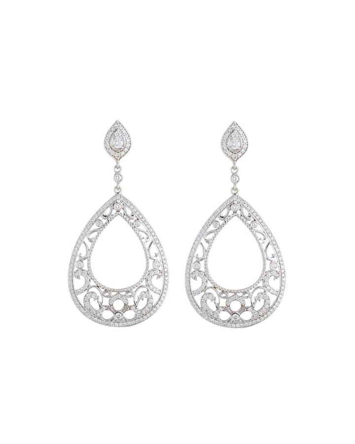 18k White Gold Diamond Scroll Pear Drop Earrings