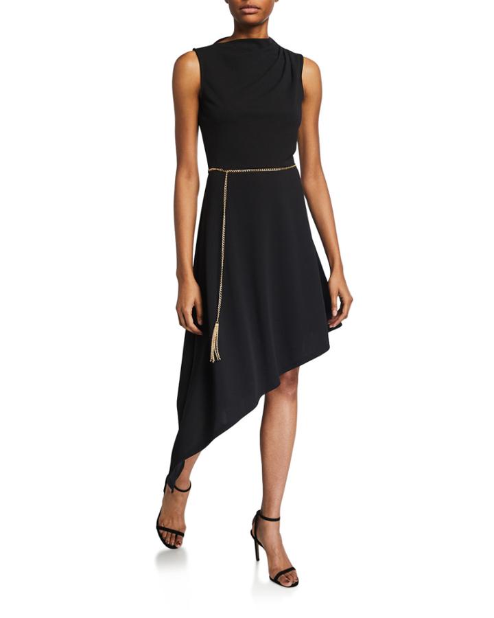 Asymmetric High-neck Sleeveless Dress W/ Chain Belt