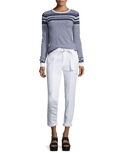 Linen-blend Belted Trousers, White