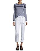 Linen-blend Belted Trousers, White