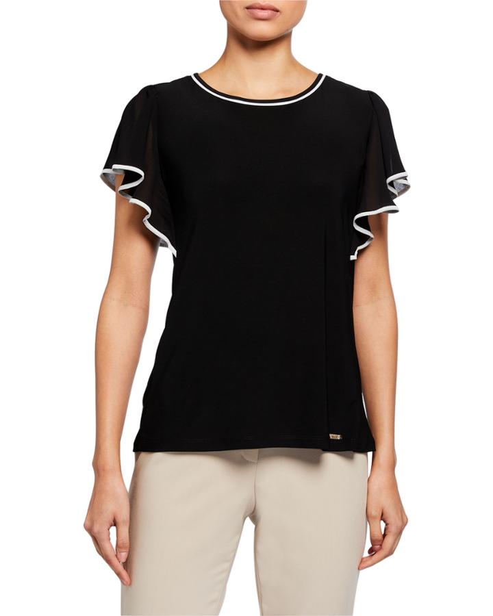 Chiffon Contrast-trim Flutter-sleeve Top