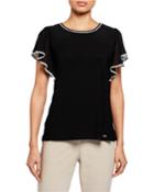 Chiffon Contrast-trim Flutter-sleeve Top