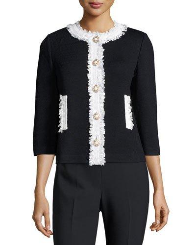 Santana Knit Contrast Fringe-trim Jacket, Black/white