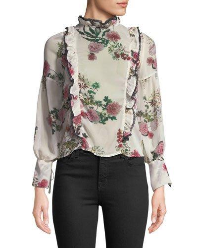 Long-sleeve Ruffled Floral-print Blouse