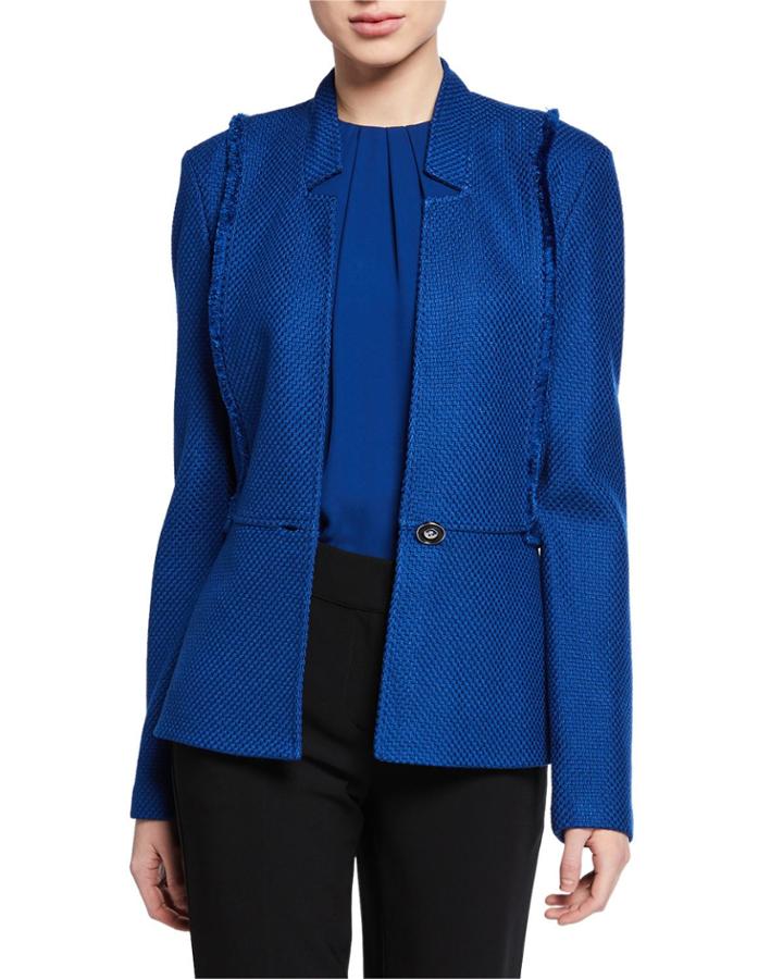 Gridded Texture Knit Jacket With Notch Collar & Fringe Trim