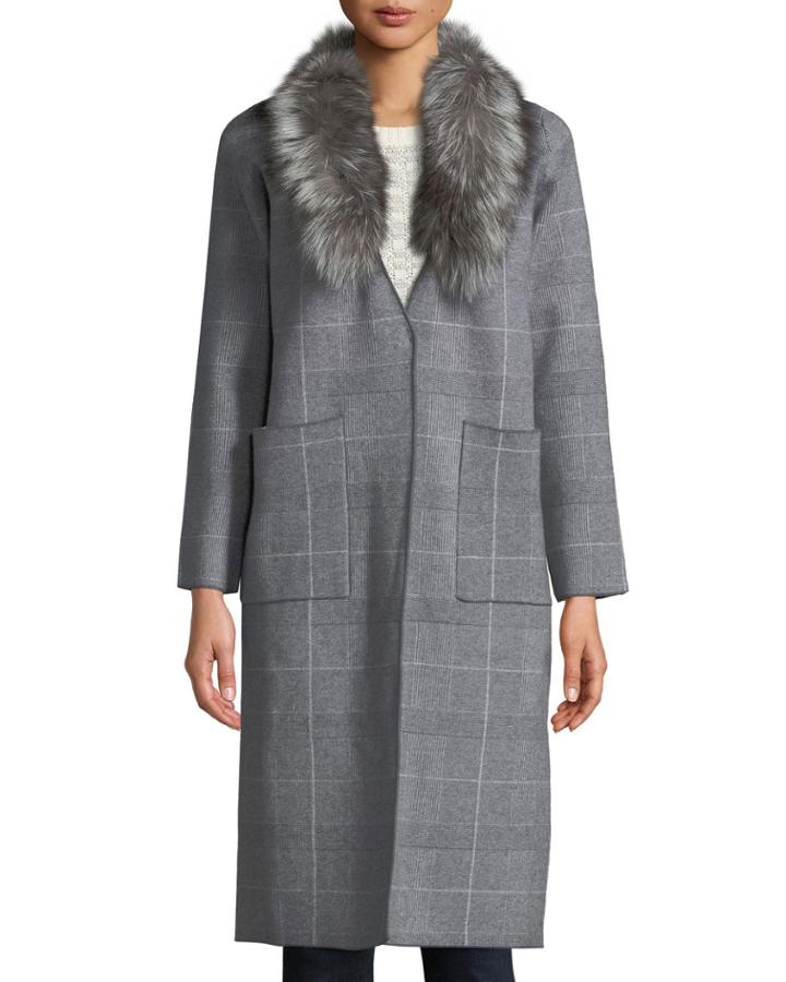 Glen Plaid Fox Fur Collar Jacket