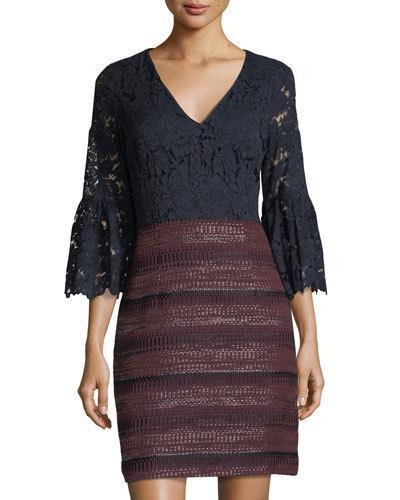Bell-sleeve Boucle & Lace Combo Dress