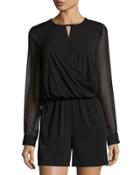 Long Semisheer-sleeve Romper, Black