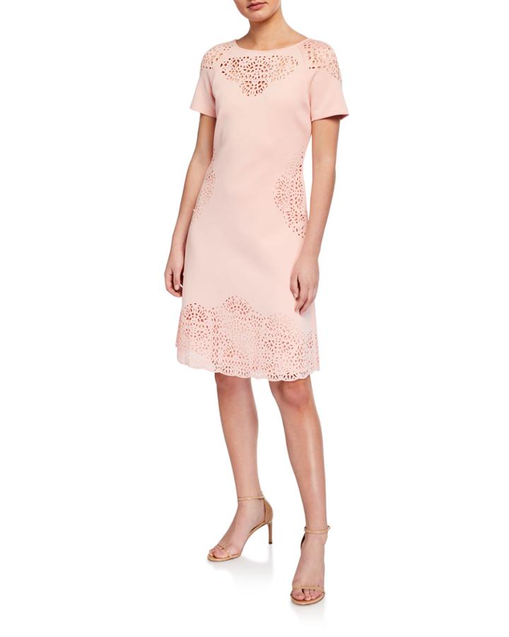 Short-sleeve Boat-neck Fit/flare Laser-cut Dress
