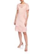 Short-sleeve Boat-neck Fit/flare Laser-cut Dress