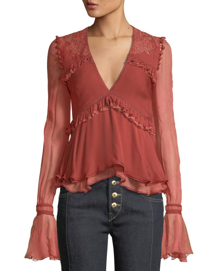 Mixed Lace V-neck Ruffle Blouse