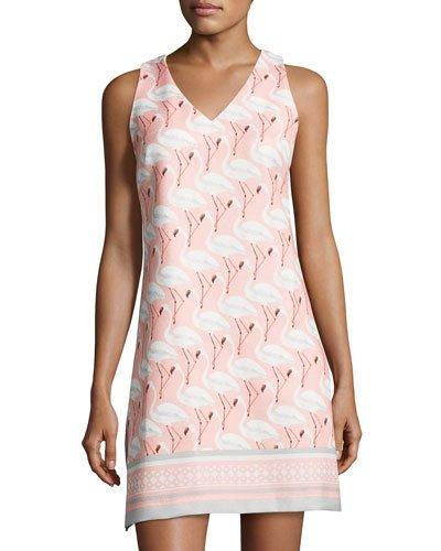 Flamingo-print Sleeveless Minidress, Coral