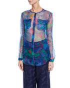 Floral Print Semisheer Chiffon Button-front Blouse