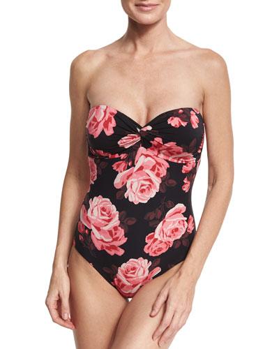 Rose-print Twist-front Bandeau One-piece Swimsuit, Black/pink