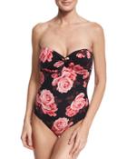 Rose-print Twist-front Bandeau One-piece Swimsuit, Black/pink