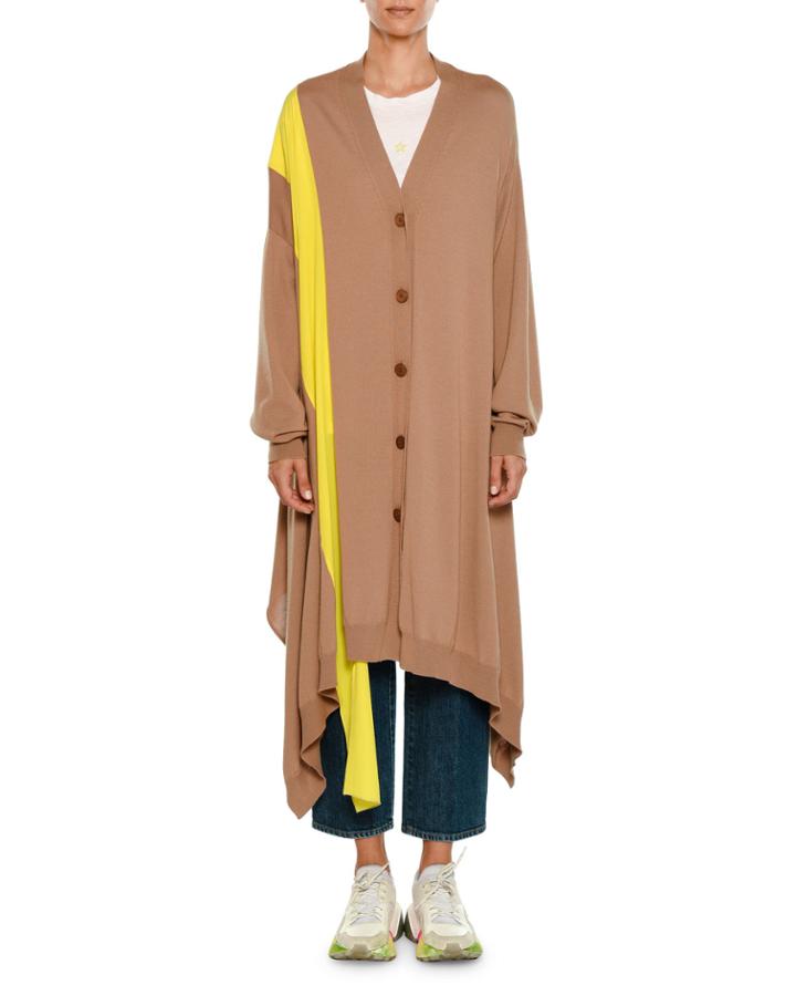 V-neck Button-front Wool Cardigan W/ Contrast